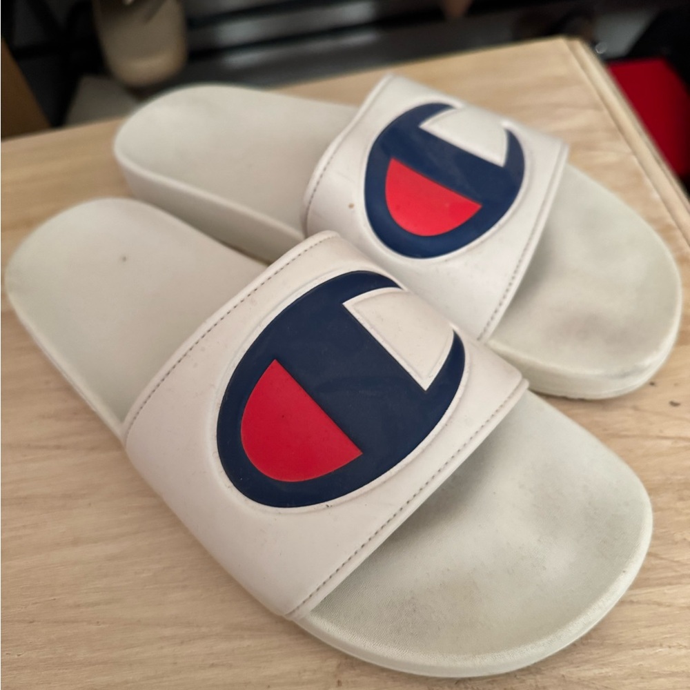 Champion White Slides with Blue and Red Logo